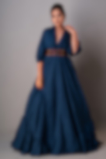 Indigo Blue Textured Silk Gown by Siddh by Deepa Goel at Pernia's Pop Up Shop