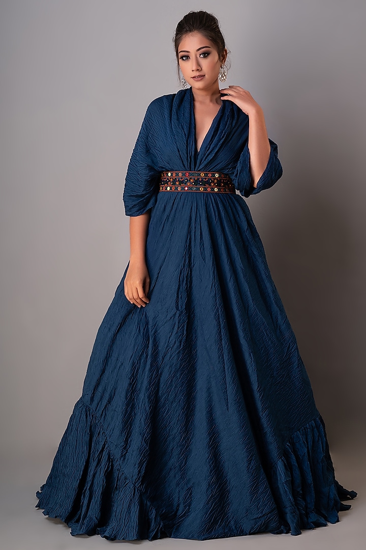 Indigo Blue Textured Silk Gown by Siddh by Deepa Goel at Pernia's Pop Up Shop