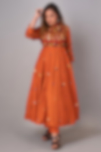 Rust Orange Hand Embroidered Anarkali Set by Siddh by Deepa Goel at Pernia's Pop Up Shop