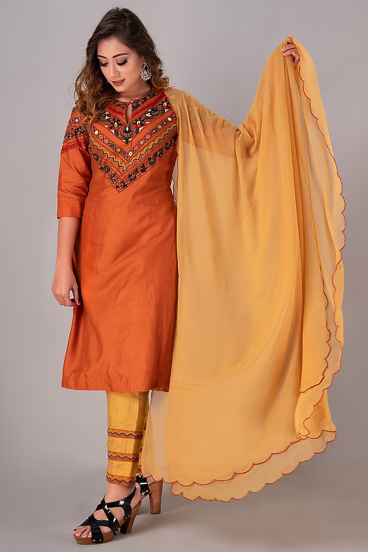 Rust Orange Hand Embroidered Kurta Set by Siddh by Deepa Goel