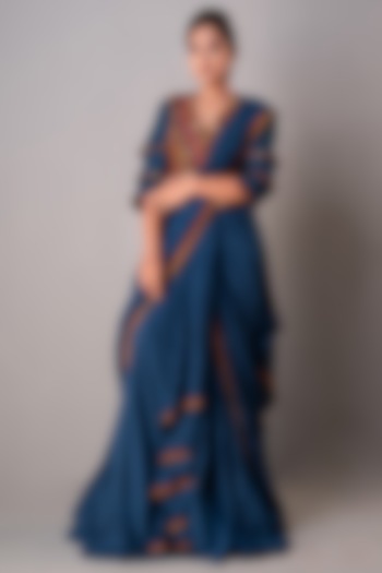 Indigo Blue Silk Draped Saree Set by Siddh by Deepa Goel