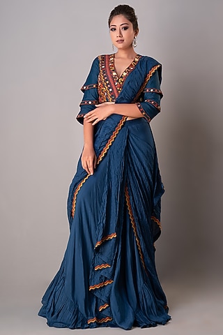 Indigo Blue Silk Draped Saree Set by Siddh by Deepa Goel