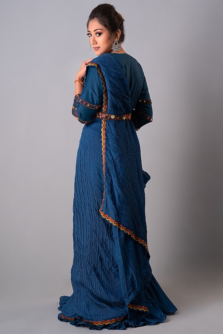 Indigo Blue Silk Draped Wedding Saree Set by Siddh by Deepa Goel at Pernia's Pop Up Shop