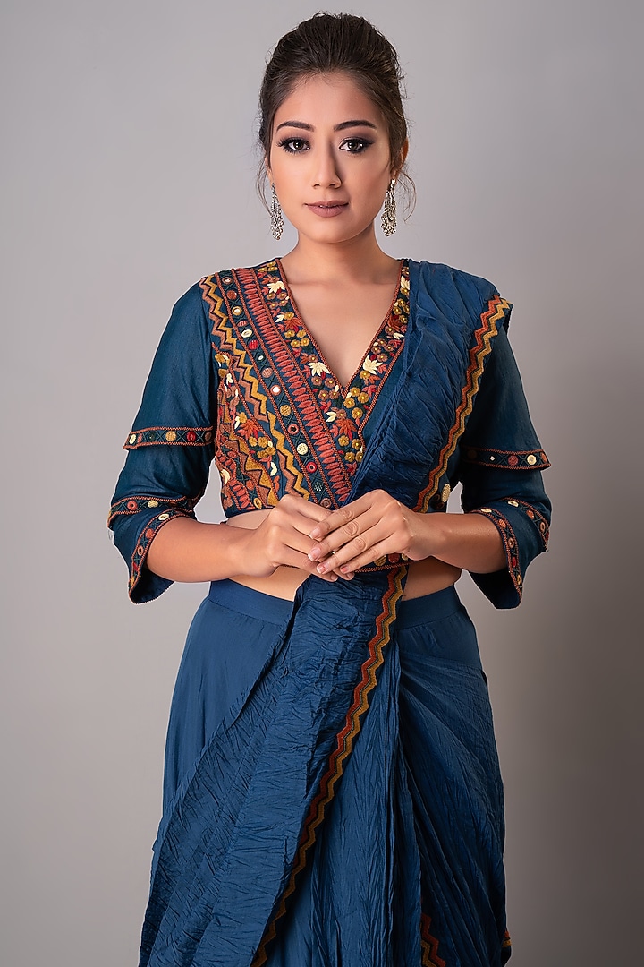 Indigo Blue Silk Draped Wedding Saree Set by Siddh by Deepa Goel at Pernia's Pop Up Shop