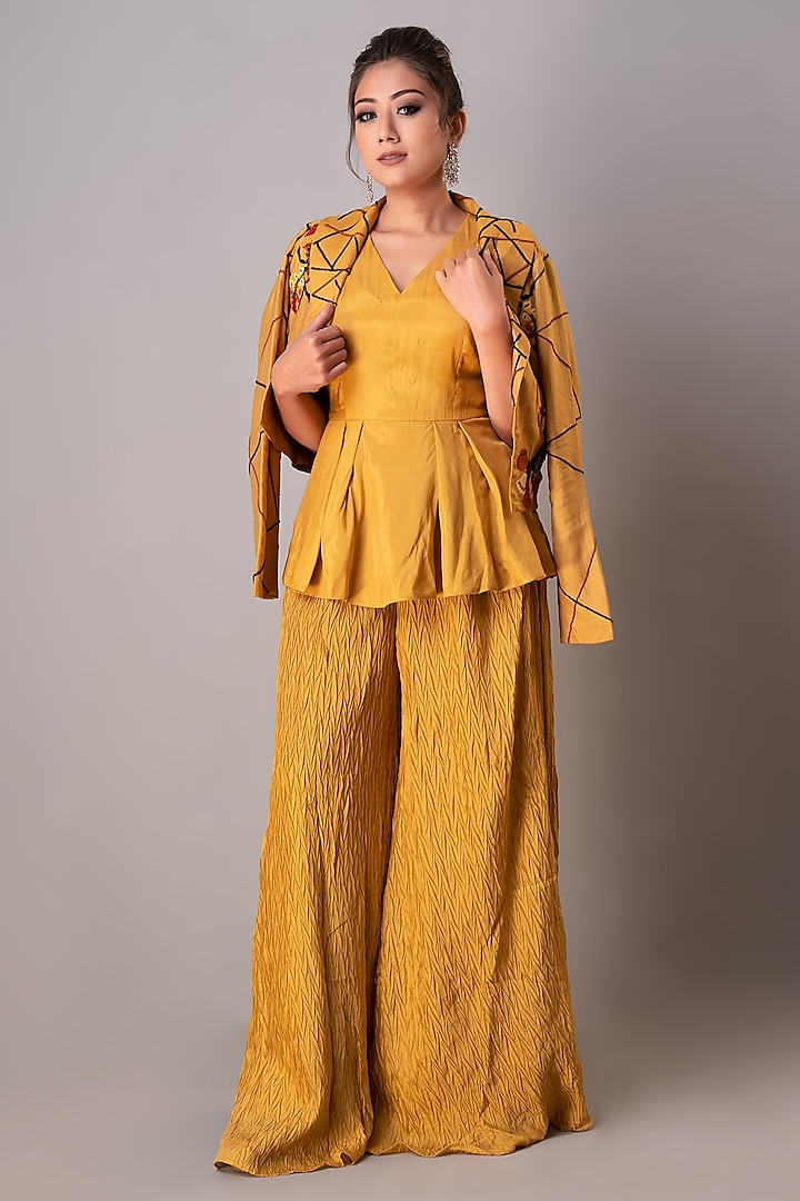 Yellow Hand Embroidered Jacket Set by Siddh by Deepa Goel