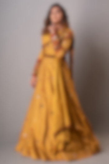 Yellow Hand Embroidered Gown With Belt by Siddh by Deepa Goel