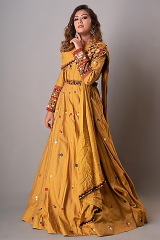 Yellow Hand Embroidered Gown With Belt by Siddh by Deepa Goel