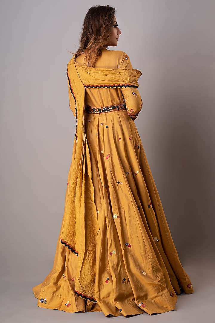 Yellow Hand Embroidered Engagement Gown With Belt by Siddh by Deepa Goel at Pernia's Pop Up Shop