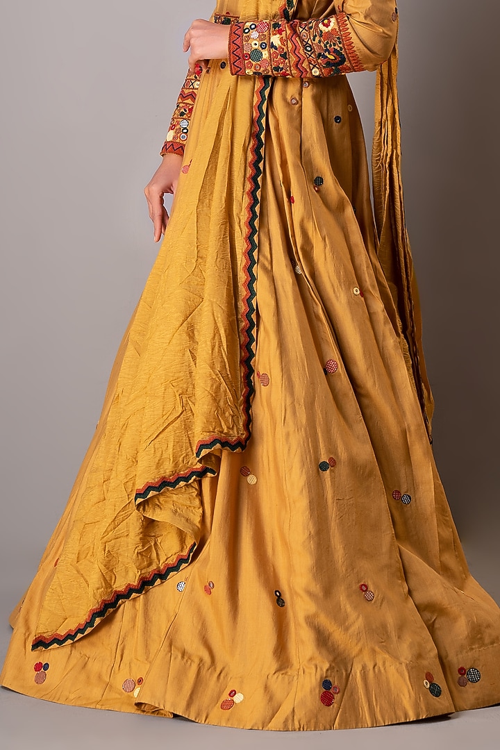 Yellow Hand Embroidered Engagement Gown With Belt by Siddh by Deepa Goel at Pernia's Pop Up Shop
