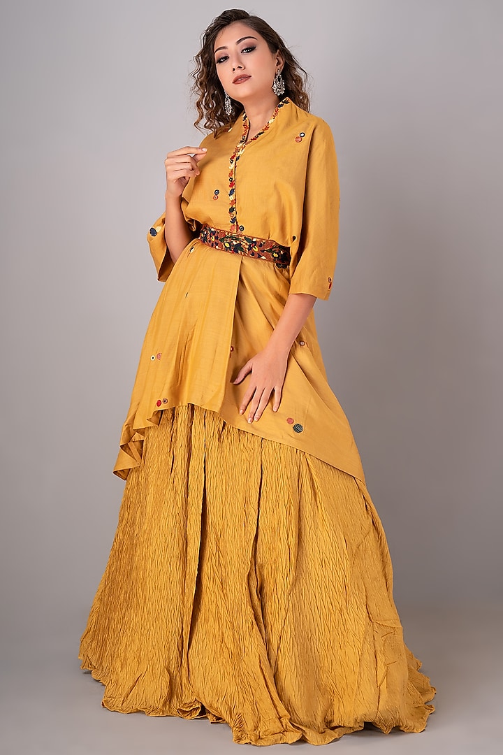Yellow Textured Fabric Pant Set by Siddh by Deepa Goel