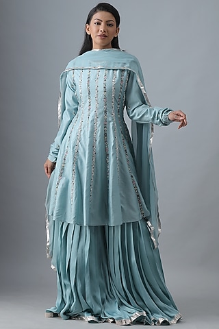 Sky Blue Embroidered Gharara Set by Siddh by Deepa Goel