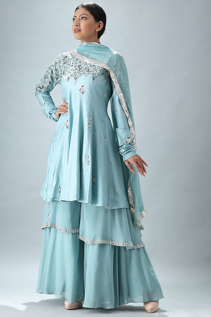 Sky Blue Embroidered Anarkali Set by Siddh by Deepa Goel