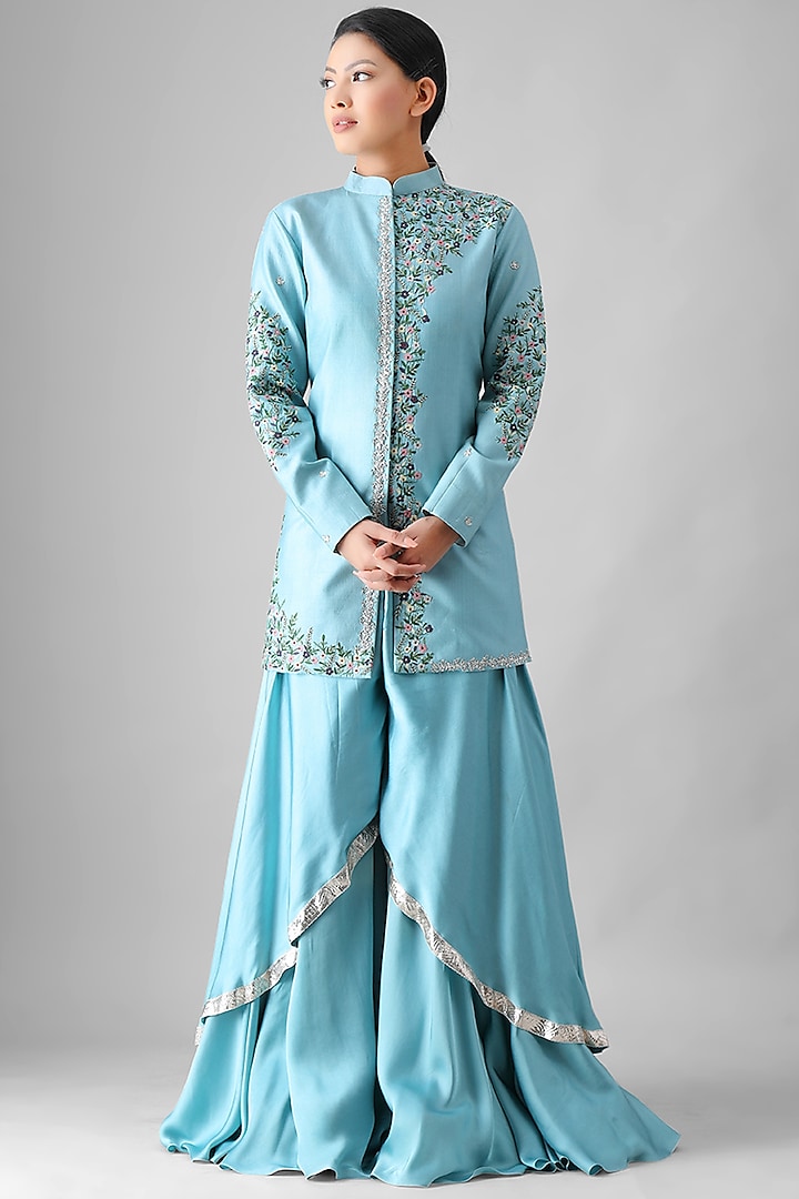Sky Blue Embroidered Jacket Set by Siddh by Deepa Goel