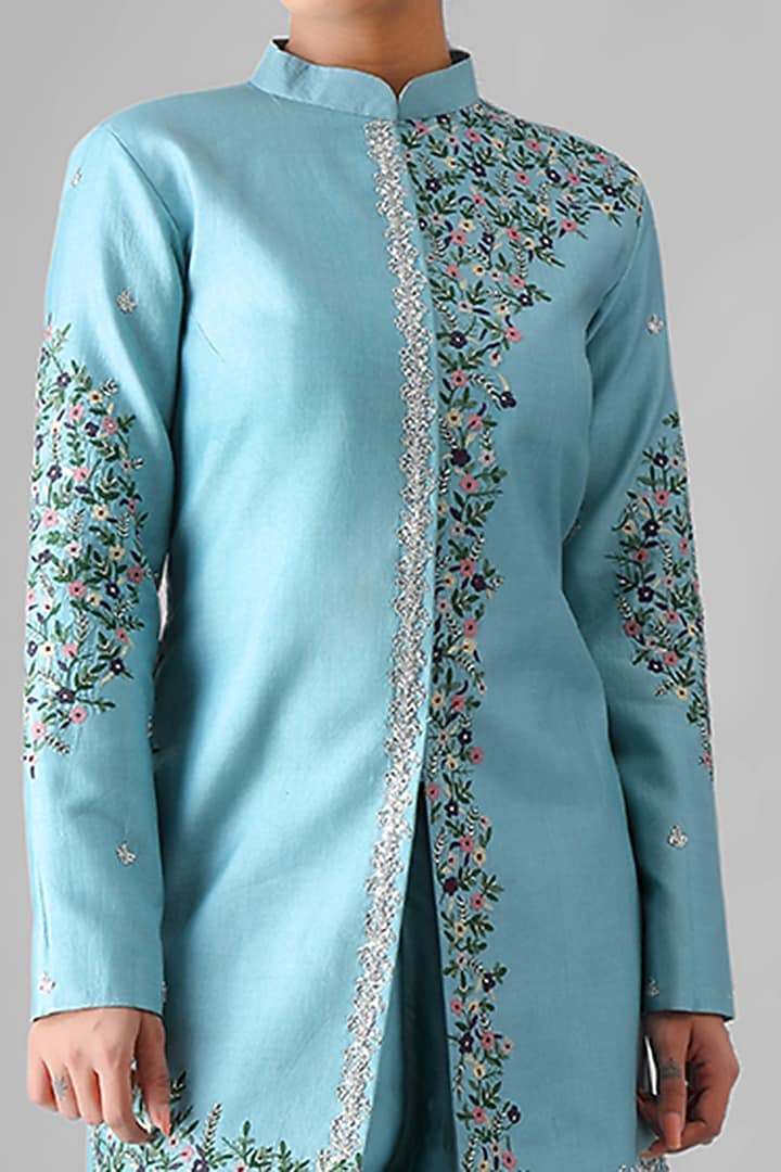 Sky Blue Embroidered Jacket Set by Siddh by Deepa Goel at Pernia's Pop Up Shop