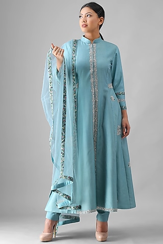Sky Blue Embroidered A-Line Kurta Set by Siddh by Deepa Goel