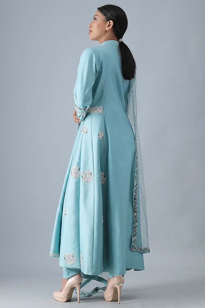 Sky Blue Embroidered A-Line Kurta Set by Siddh by Deepa Goel at Pernia's Pop Up Shop