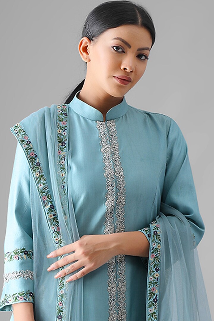 Sky Blue Embroidered A-Line Kurta Set by Siddh by Deepa Goel at Pernia's Pop Up Shop