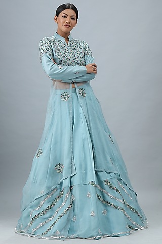 Sky Blue Embroidered Jacket Set by Siddh by Deepa Goel