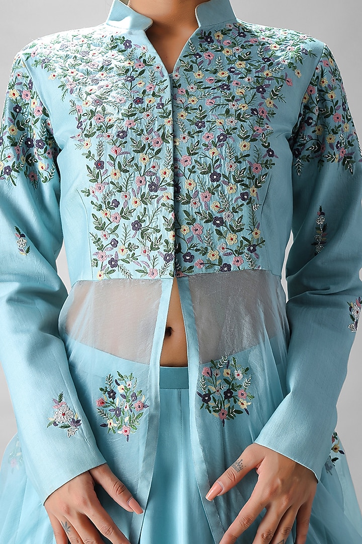 Sky Blue Embroidered Jacket Set by Siddh by Deepa Goel at Pernia's Pop Up Shop