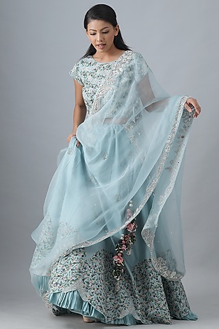 Sky Blue Embroidered Lehenga Set by Siddh by Deepa Goel