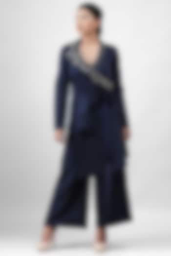 Navy Blue Embroidered Asymmetrical Jacket Set by Siddh by Deepa Goel