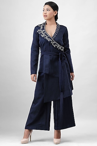 Navy Blue Embroidered Asymmetrical Jacket Set by Siddh by Deepa Goel