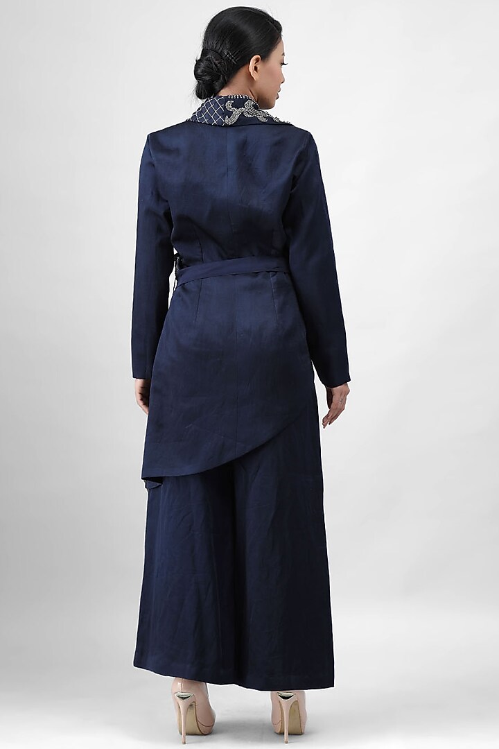 Navy Blue Embroidered Asymmetrical Jacket Set by Siddh by Deepa Goel at Pernia's Pop Up Shop