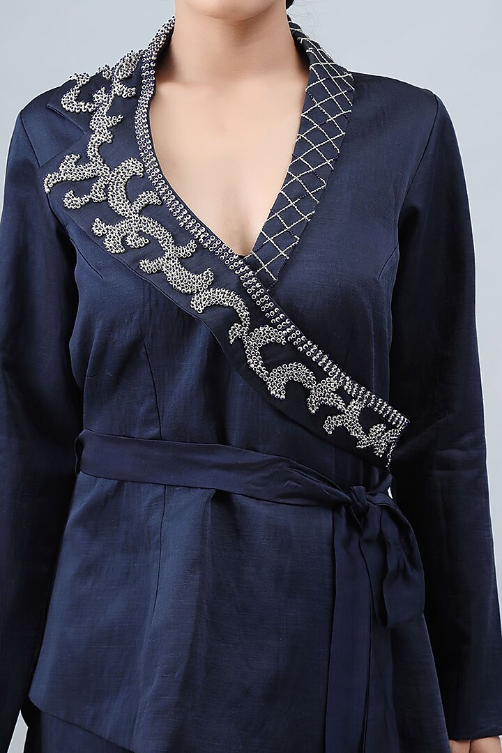 Navy Blue Embroidered Asymmetrical Jacket Set by Siddh by Deepa Goel at Pernia's Pop Up Shop