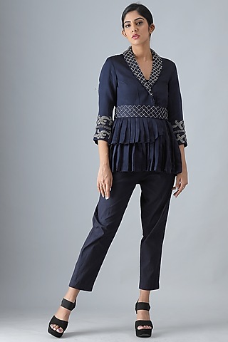 Navy Blue Narrow Pant Set by Siddh by Deepa Goel