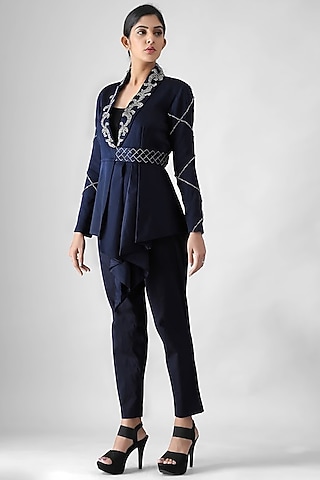 Navy Blue Cotton Lycra Narrow Pant Set by Siddh by Deepa Goel
