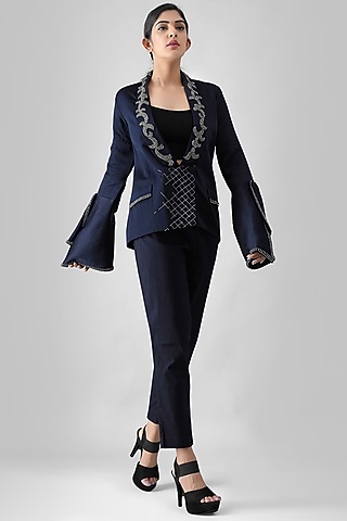 Navy Blue Linen Satin Narrow Pant Set by Siddh by Deepa Goel
