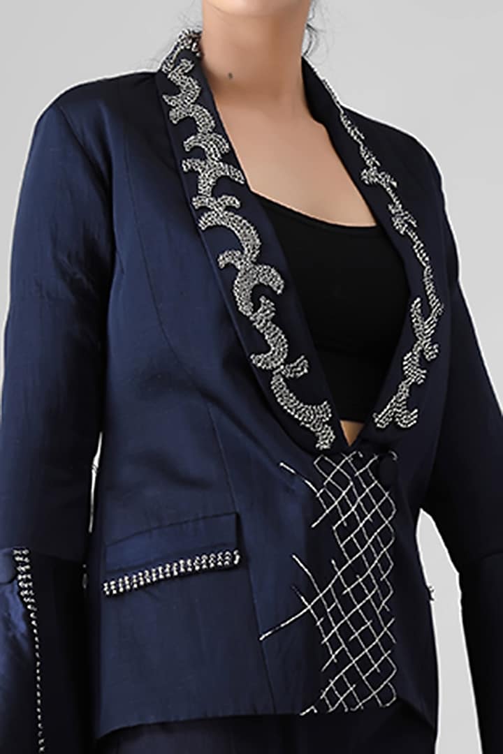 Navy Blue Linen Satin Narrow Pant Set by Siddh by Deepa Goel at Pernia's Pop Up Shop