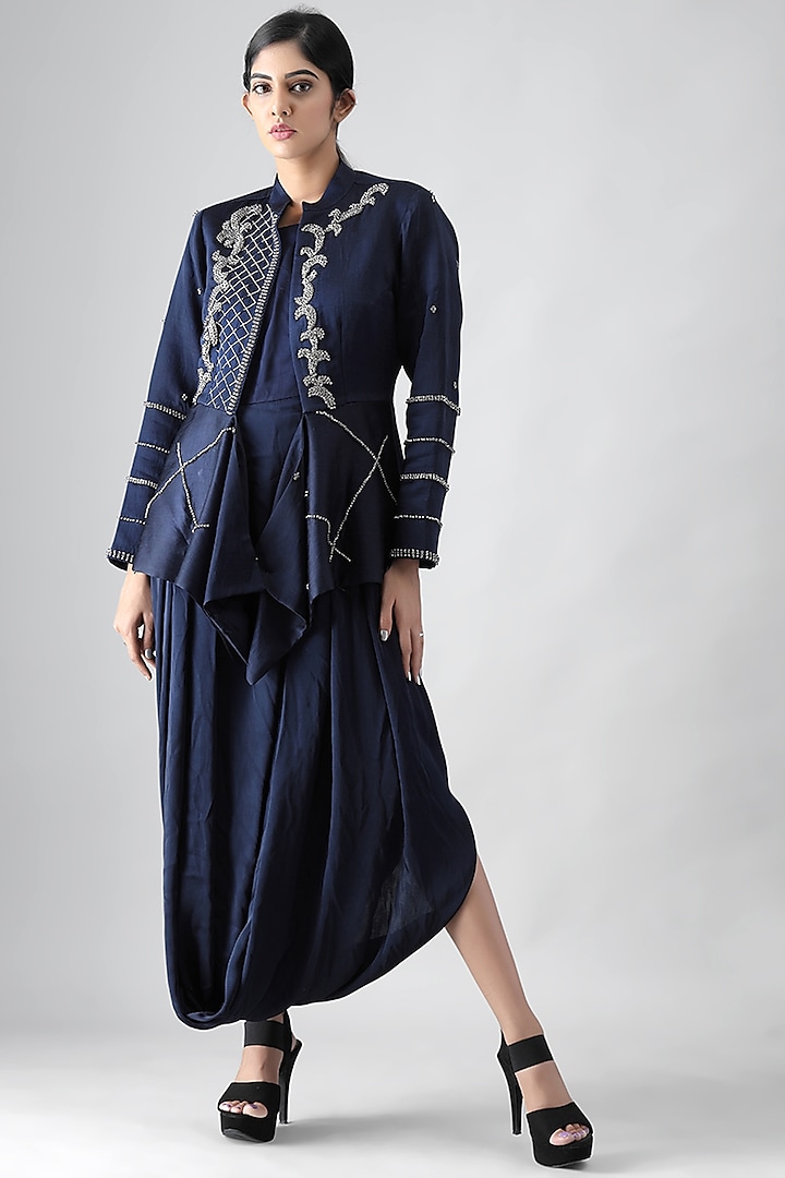 Navy Blue Embroidered Peplum Blazer With Cowl Inner by Siddh by Deepa Goel