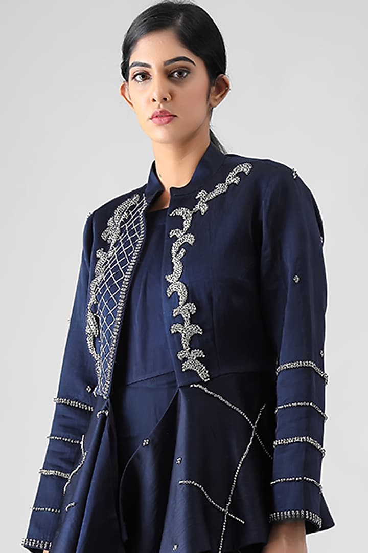Navy Blue Embroidered Peplum Blazer With Cowl Inner by Siddh by Deepa Goel at Pernia's Pop Up Shop