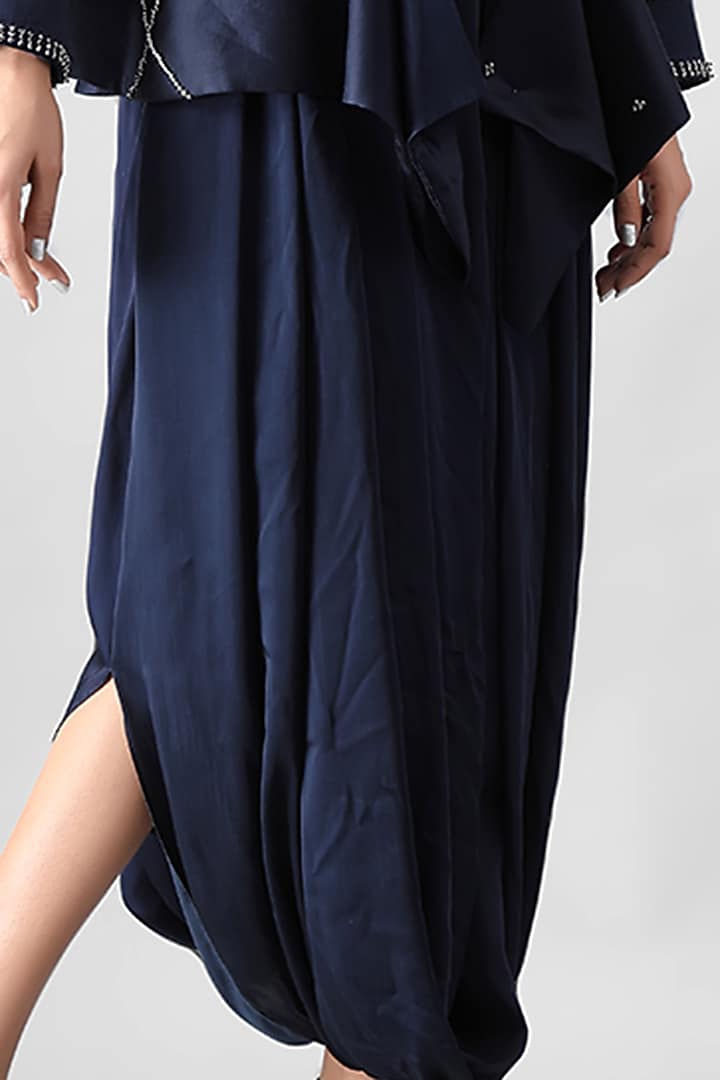 Navy Blue Embroidered Peplum Blazer With Cowl Inner by Siddh by Deepa Goel at Pernia's Pop Up Shop