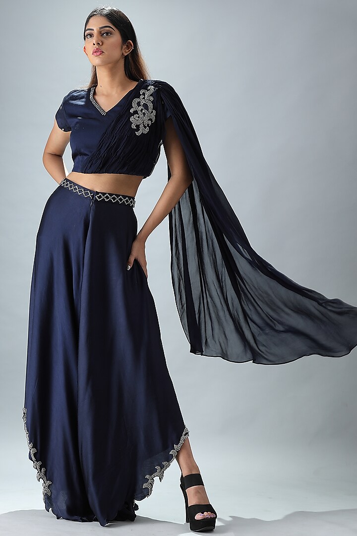 Navy Blue Flared Palazzo Pant Set by Siddh by Deepa Goel