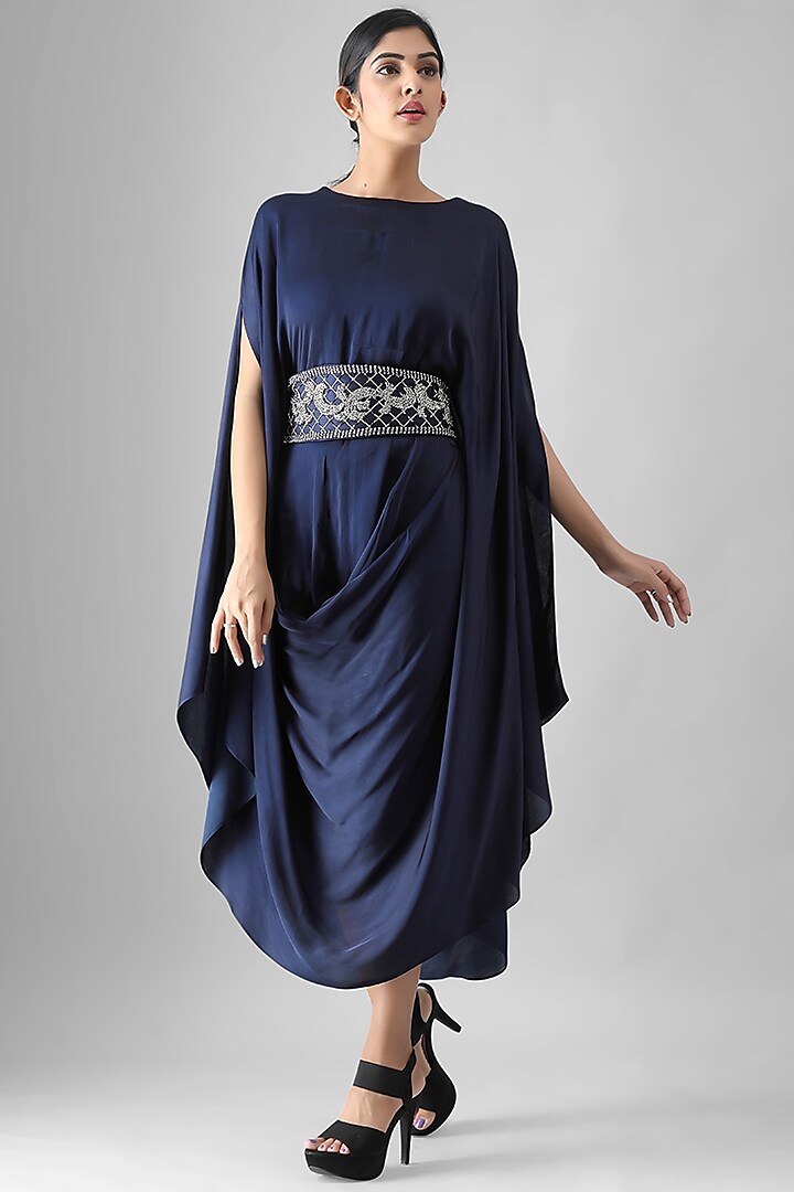 Navy Blue Cowl Dress With Embroidered Belt by Siddh by Deepa Goel