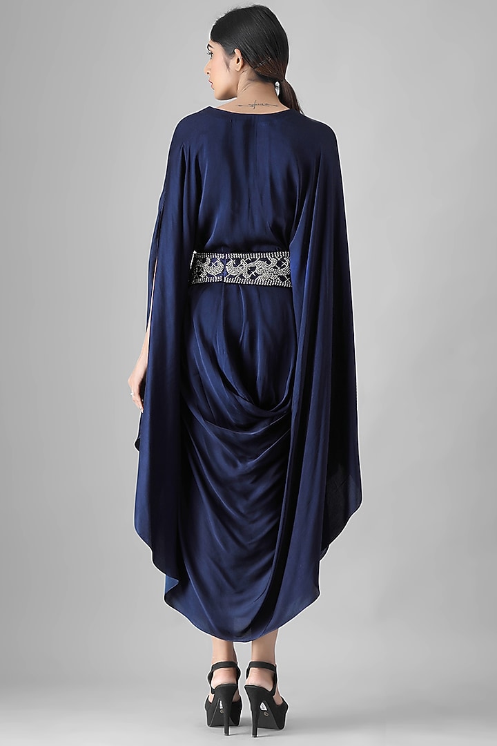 Navy Blue Cowl Summer Dress With Embroidered Belt by Siddh by Deepa Goel at Pernia's Pop Up Shop