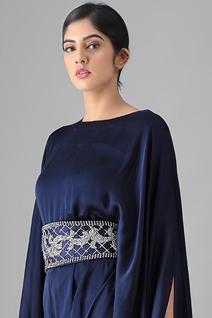 Navy Blue Cowl Summer Dress With Embroidered Belt by Siddh by Deepa Goel at Pernia's Pop Up Shop