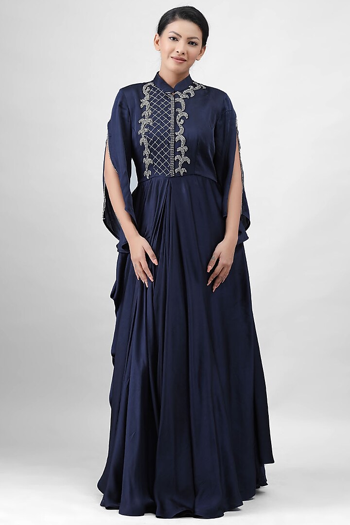 Navy Blue Embroidered Gown by Siddh by Deepa Goel