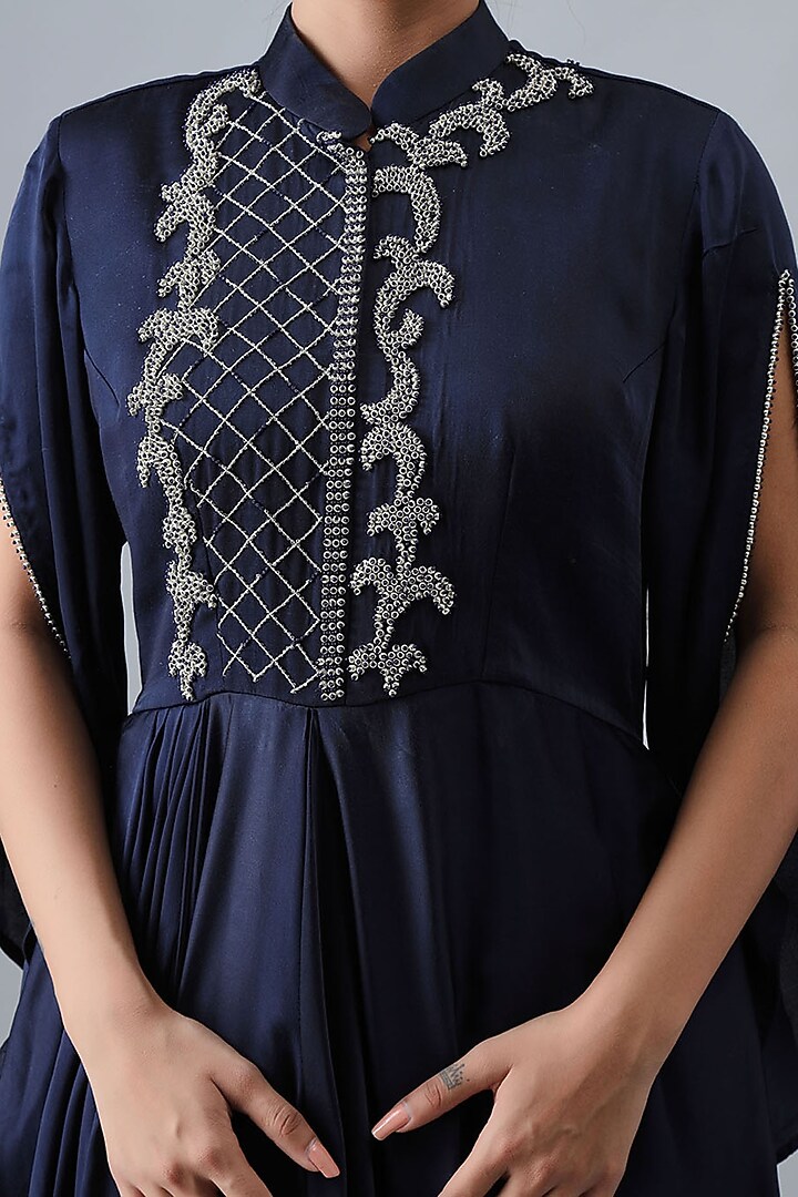 Navy Blue Embroidered Gown by Siddh by Deepa Goel at Pernia's Pop Up Shop