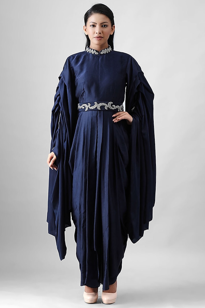 Navy Blue Knife Pleated Dress With Embroidered Belt by Siddh by Deepa Goel