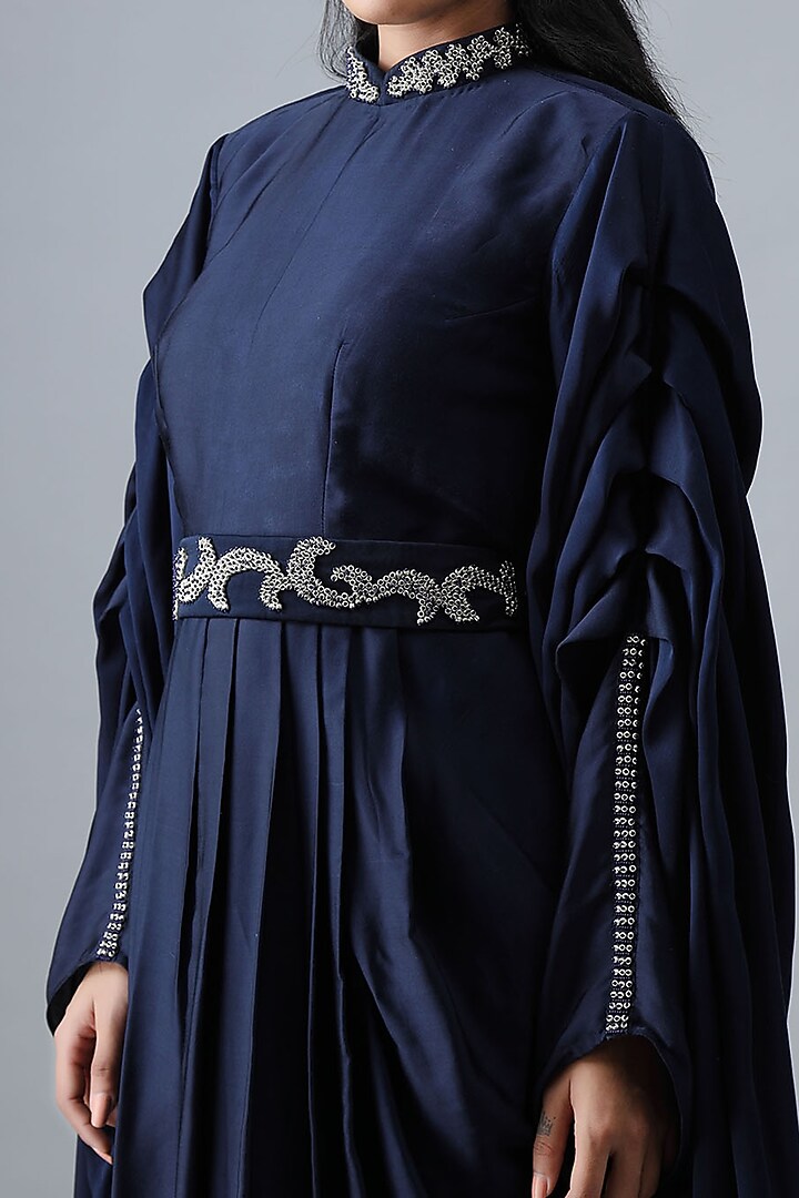 Navy Blue Knife Pleated Vacation Dress With Embroidered Belt by Siddh by Deepa Goel at Pernia's Pop Up Shop