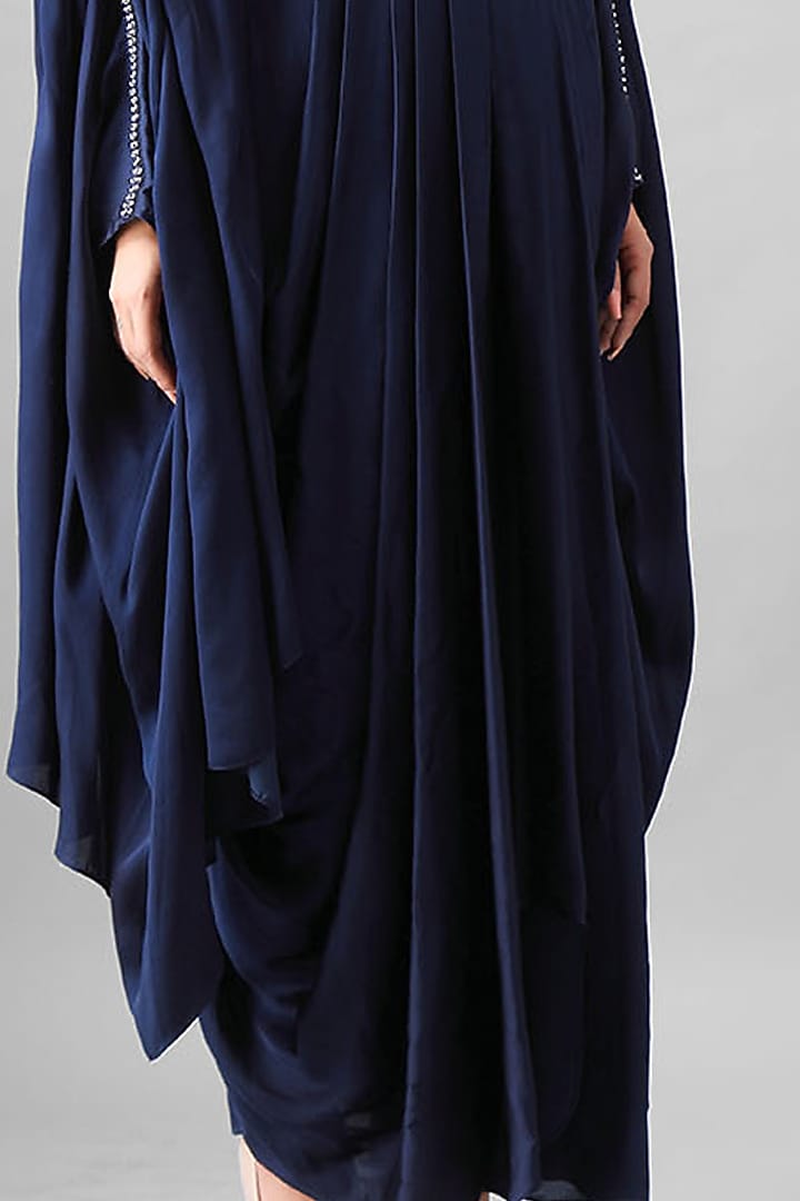 Navy Blue Knife Pleated Vacation Dress With Embroidered Belt by Siddh by Deepa Goel at Pernia's Pop Up Shop