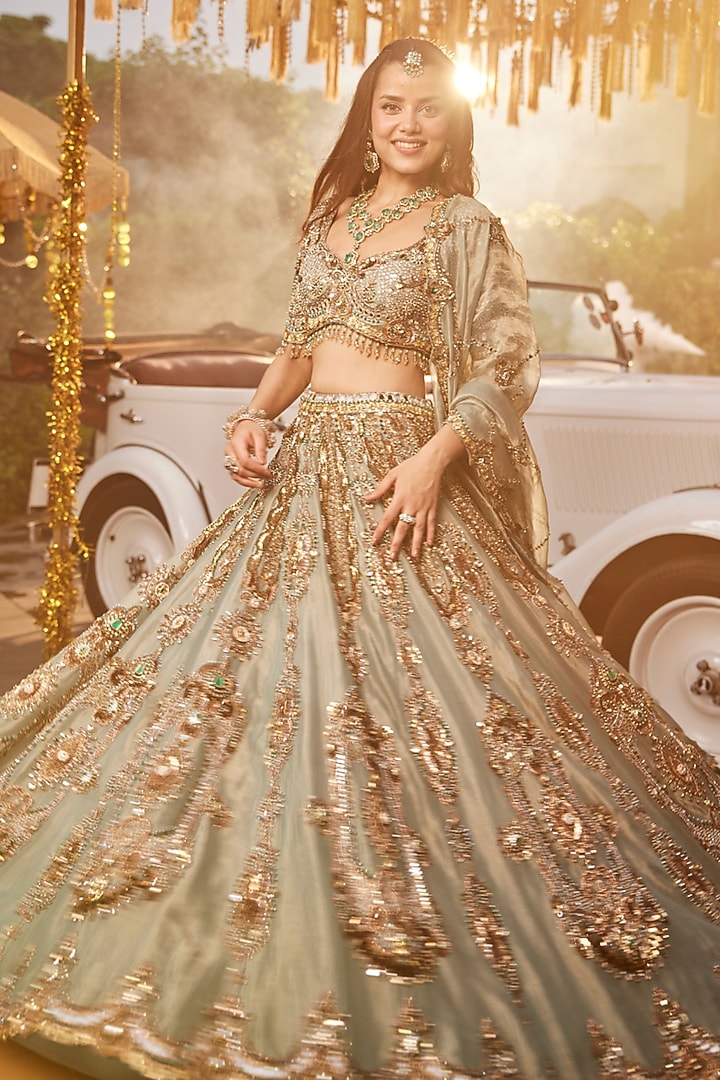 Dusty Aqua Tissue Jewel Motif Embroidered Bridal Lehenga Set by Swish By dolcy and Simran at Pernia's Pop Up Shop
