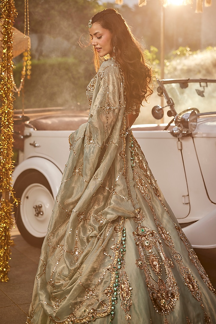 Dusty Aqua Tissue Jewel Motif Embroidered Bridal Lehenga Set by Swish By dolcy and Simran at Pernia's Pop Up Shop