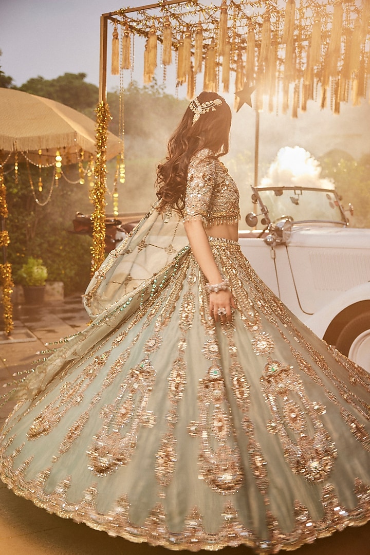 Dusty Aqua Tissue Jewel Motif Embroidered Bridal Lehenga Set by Swish By dolcy and Simran at Pernia's Pop Up Shop