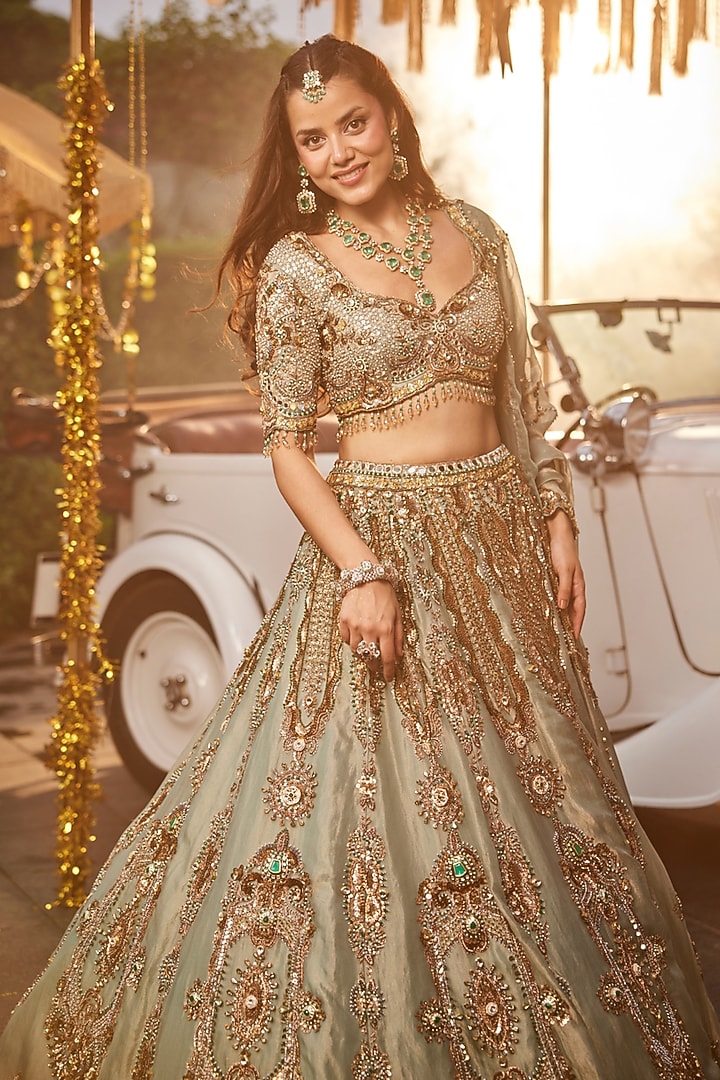 Dusty Aqua Tissue Jewel Motif Embroidered Bridal Lehenga Set by Swish By dolcy and Simran at Pernia's Pop Up Shop
