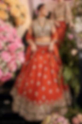 Rust Tissue & Polyester Hand Embellished Bridal Lehenga Set by Swish By dolcy and Simran at Pernia's Pop Up Shop