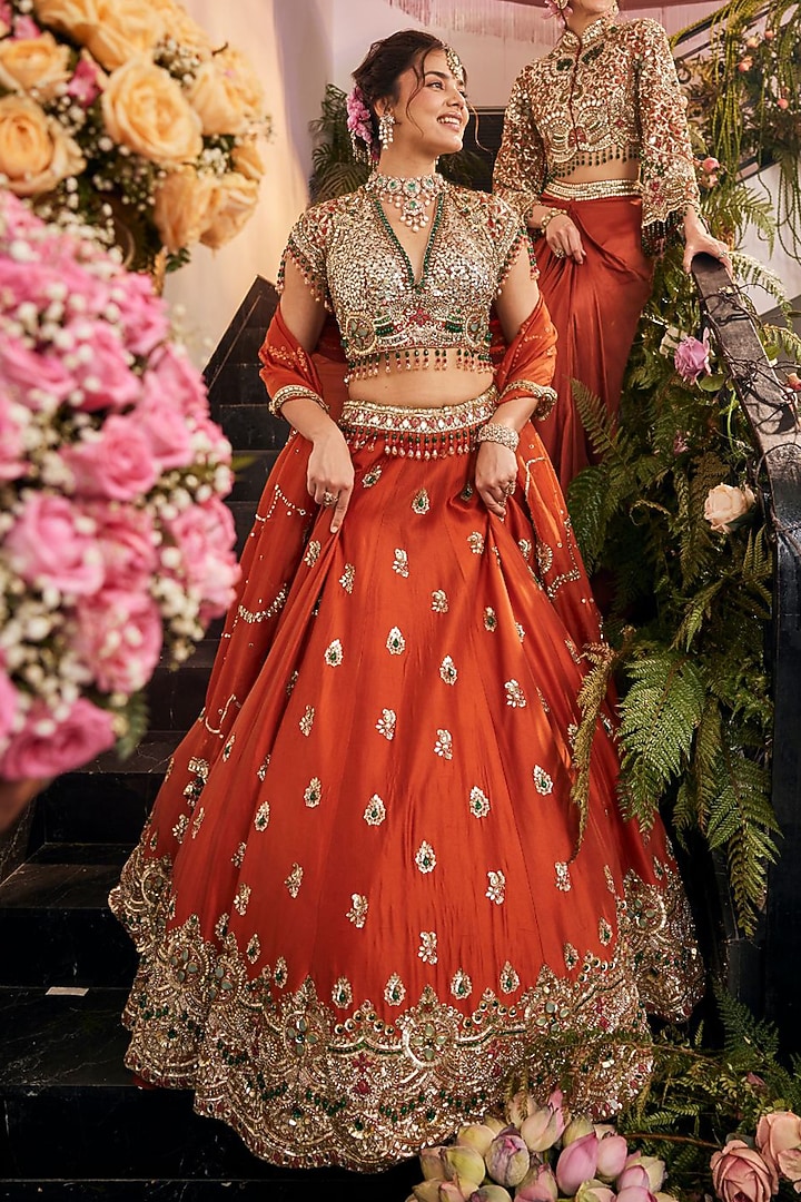 Rust Tissue & Polyester Hand Embellished Bridal Lehenga Set by Swish By dolcy and Simran at Pernia's Pop Up Shop